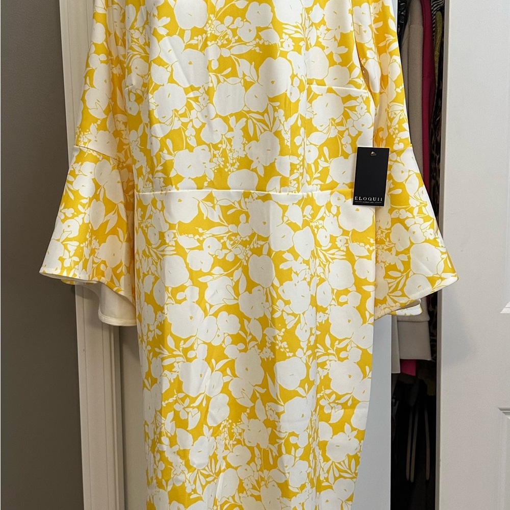 Eloquii Yellow and White Bell Sleeve A-line Dress